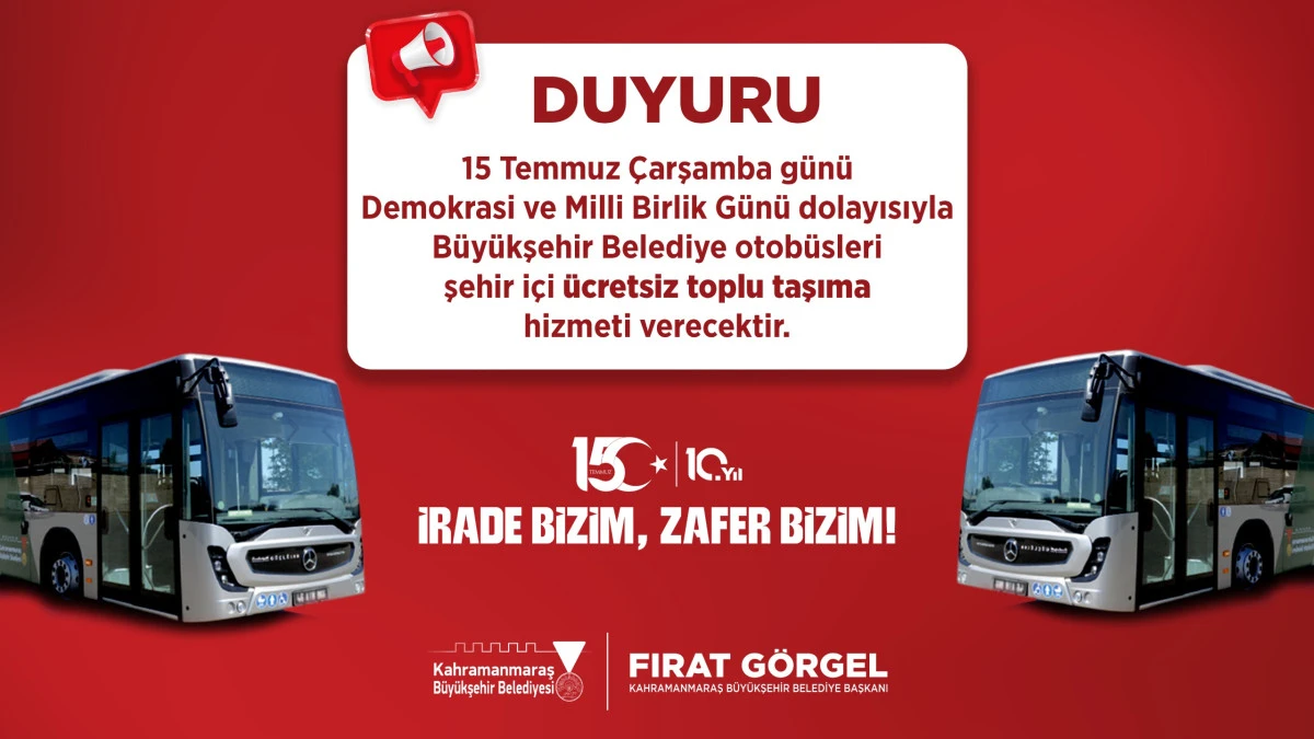 15 Temmuz&rsquo;da B&uuml;y&uuml;kşehir&rsquo;den &Uuml;cretsiz Toplu Taşıma Hizmeti