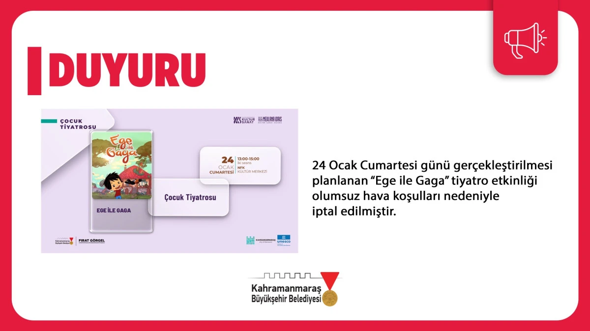 24 Ocak&rsquo;taki &ldquo;Ege ile Gaga&rdquo; Tiyatrosu İptal Edildi