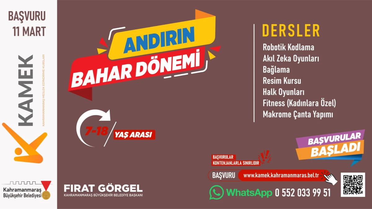 Andırın&rsquo;da KAMEK kurslarına başvurular başladı; 7 branşta &uuml;cretsiz eğitim