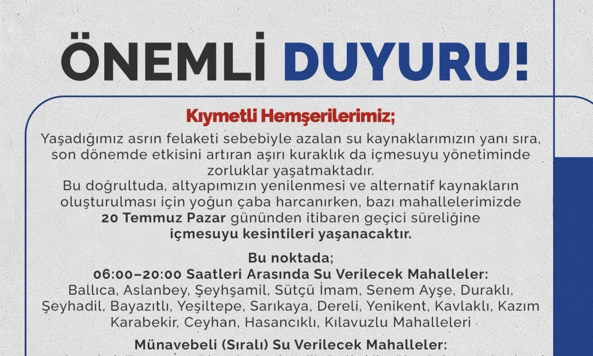 Dikkat! 20 Temmuz’dan İtibaren Geçici Su Kesintileri Yaşanacak