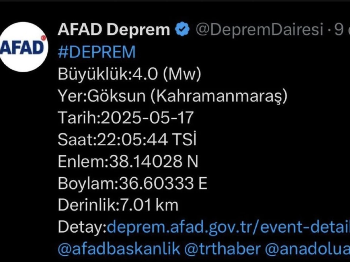 Göksun’da 4.0 Büyüklüğünde Deprem: Olumsuz Bir Durum Yok