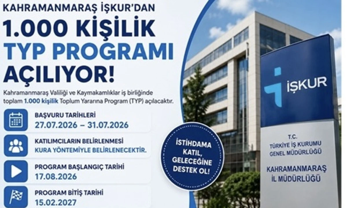 İŞKUR&rsquo;dan Kahramanmaraş&rsquo;ta 1.000 Kişilik TYP M&uuml;jdesi: Başvurular 27 Temmuz&rsquo;da Başlıyor