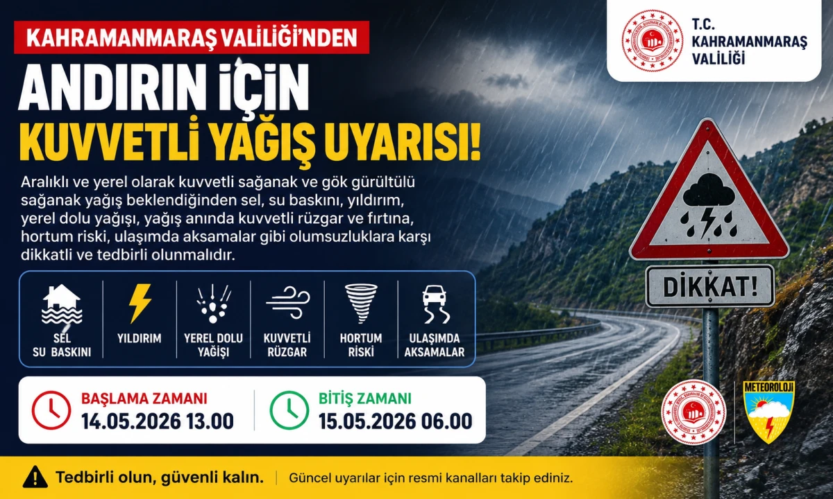 Kahramanmaraş Valiliği&rsquo;nden Andırın İ&ccedil;in Kuvvetli Yağış Uyarısı