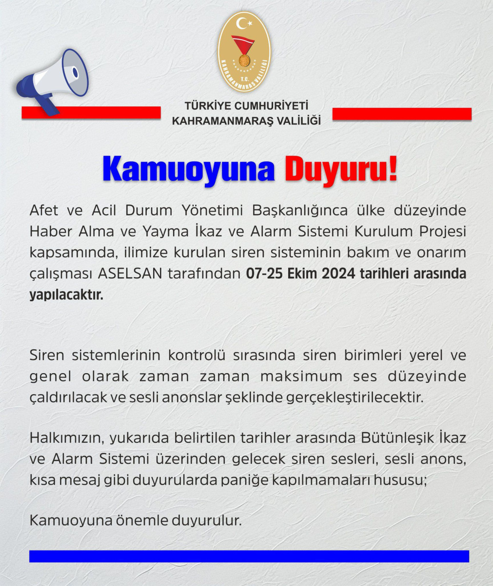 Kahramanmaraş Valiliği’nden Siren Sistemleri ile İlgili Duyuru