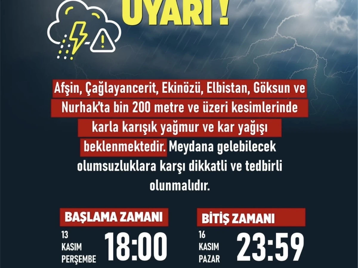 Kahramanmaraş’a meteorolojik uyarı: Yüksek kesimlerde karla karışık yağmur ve kar bekleniyor