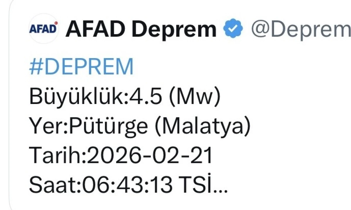 Malatya P&ouml;t&uuml;rge&rsquo;de 4.5 B&uuml;y&uuml;kl&uuml;ğ&uuml;nde Deprem: Kahramanmaraş&rsquo;ta Olumsuzluk Yok