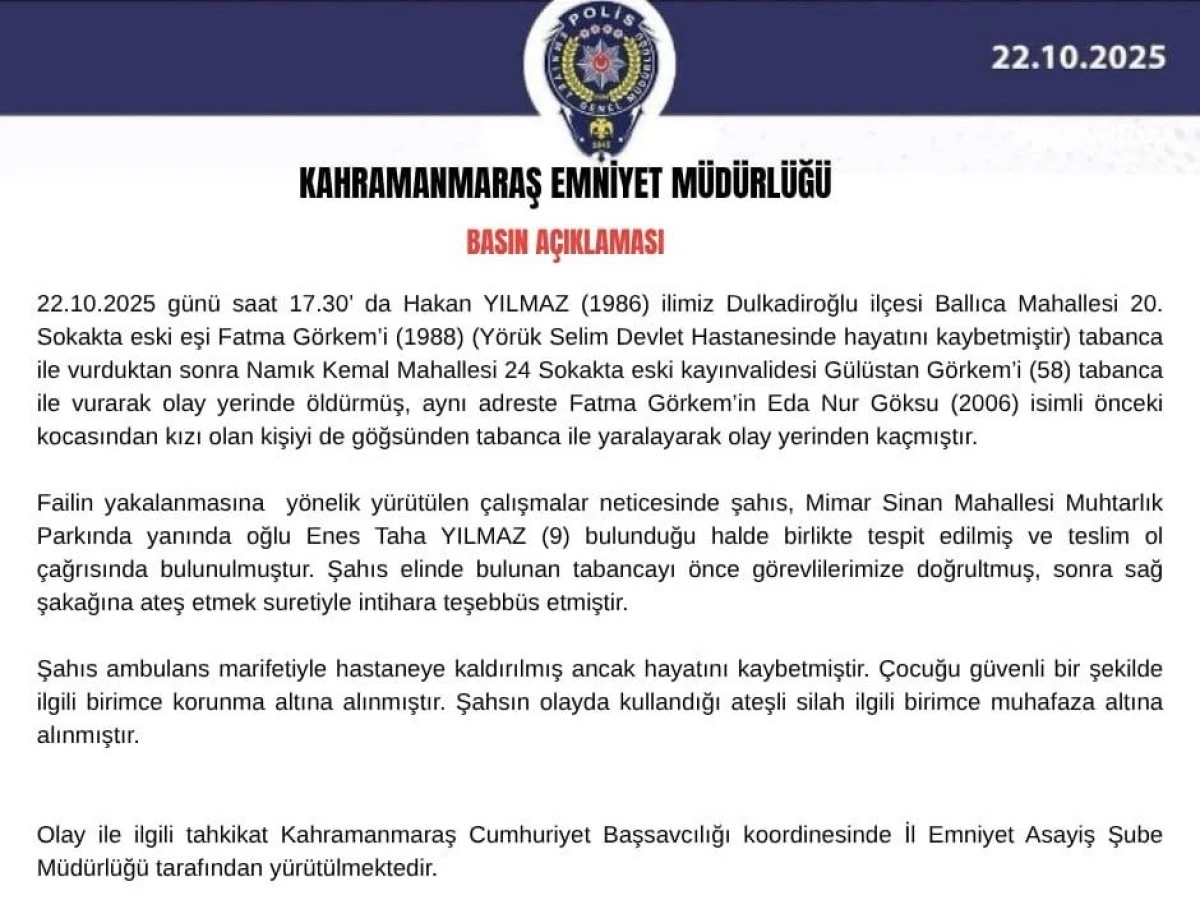 Son Dakika Emniyet Açıkladı: Eski Eşini ve Kayınvalidesini Öldüren Zanlı, Oğlunun Yanında İntihar Etti
